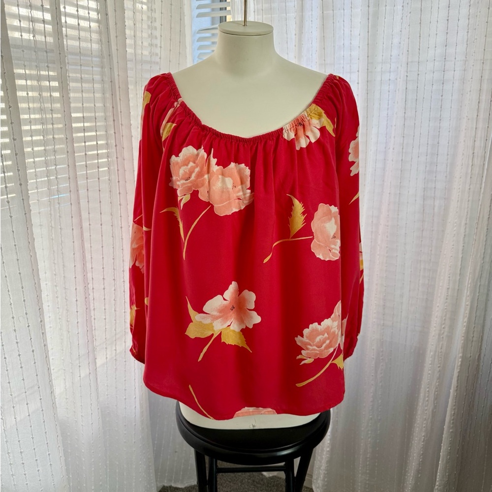 Billabong Red Floral Off-Shoulder Peasant Blouse Size Large